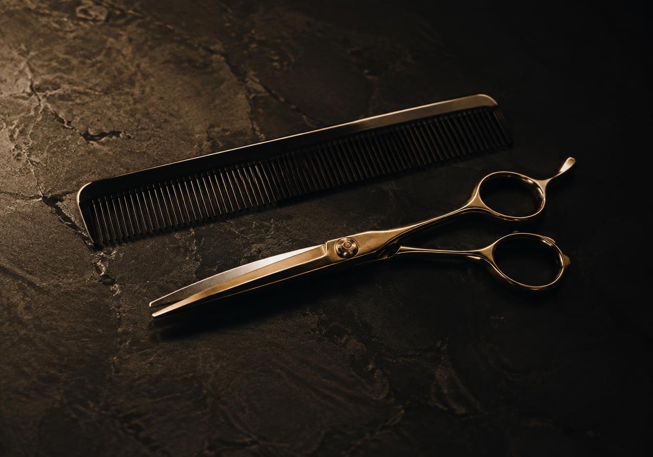 Professional hairdressing scissors and comb on dark stone